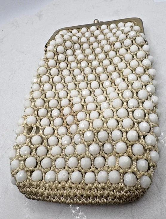 Cream Colored Caviar Beaded Cigarette Case Gold Tone Kiss Lock Frame Vintage