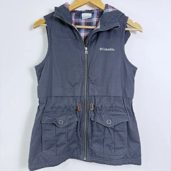 Columbia Jacket Vest Womens XS Gray Hooded Full Zip‎ Blanket Lined Front Pockets