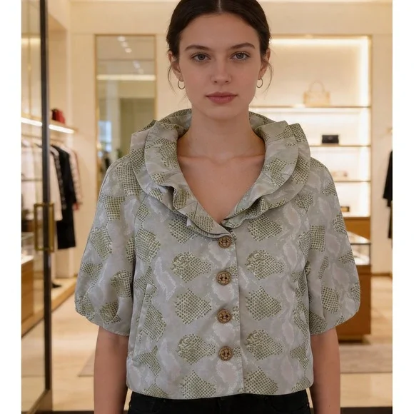 Samuel Dong Womens Sage Green Snakeskin Jacquard‎ Portrait Collar Jacket Size L