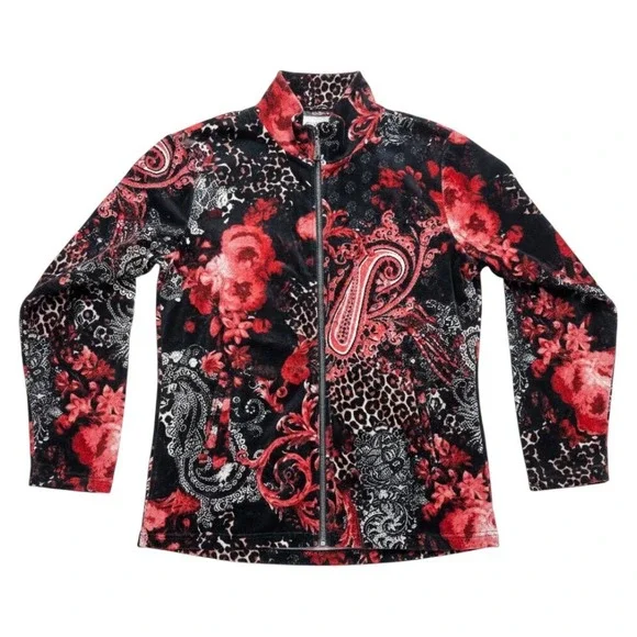 Onque Casual Jacket XL Paisley Leopard Print Red Black Mock Neck Gothic Romantic