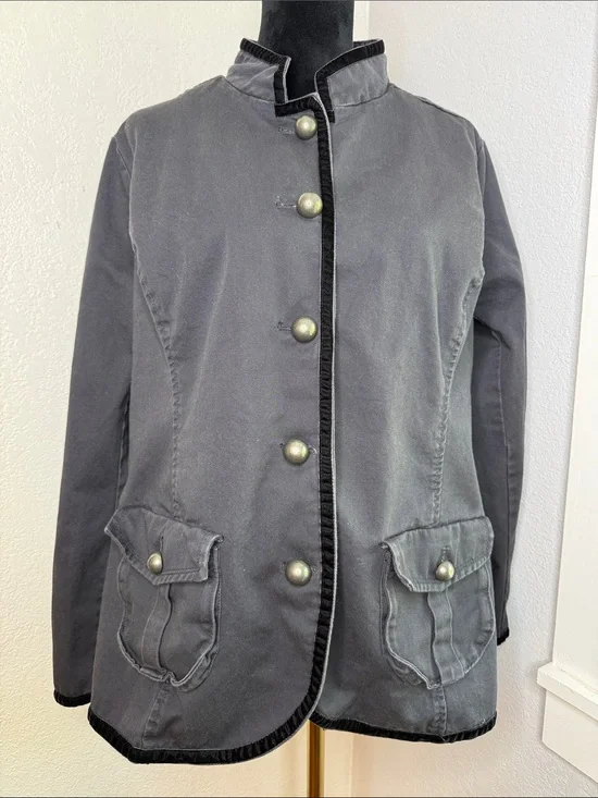 Calvin Klein Jeans Gray Cotton Military Denim Jacket Black Velvet Trim Size 1X