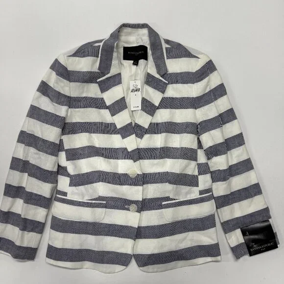Banana‎ Republic Blazer Womens Sz 4 Gray Stripe NWT Linen Blend Career Work