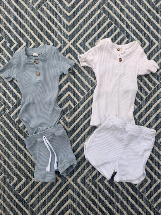 Neutral Ribbed Baby Two-Piece Sets - Light Blue & White