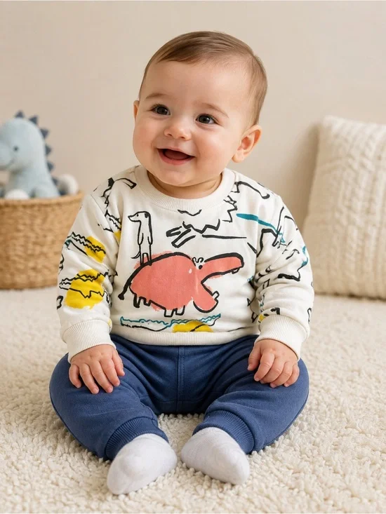 ZARA Baby Boy 6-9M 2-Piece Dinosaur Graphic Sweatshirt & Jogger Pants Outfit