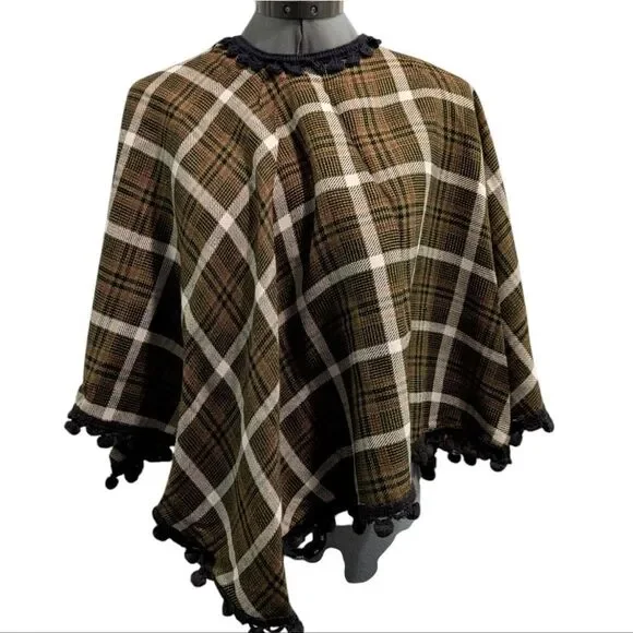 70s Vintage Wool Plaid Poncho & Matching Skirt with Pom Pom‎ Trim MCM