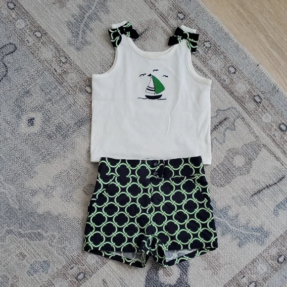 Janie and Jack Baby Girls 2 Piece Sailboat Green Blue Bow Outfit Sz12-18m