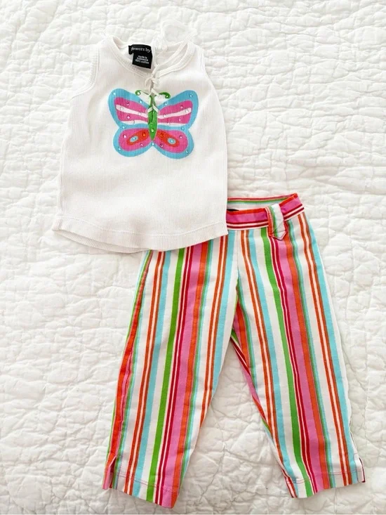 2T Flowers by Zoe Y2K Butterfly Tank Top and Colorful Stripe Pants Set