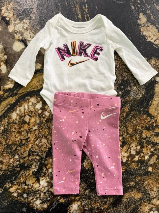Nike White Bodysuit with Pink Speckled Leggings Set