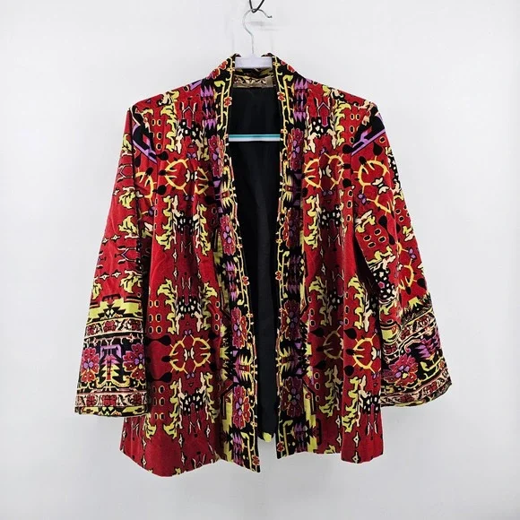 Soft Surroundings Jacket Women Large Red Velvet Ikat Open Front Global 28K60