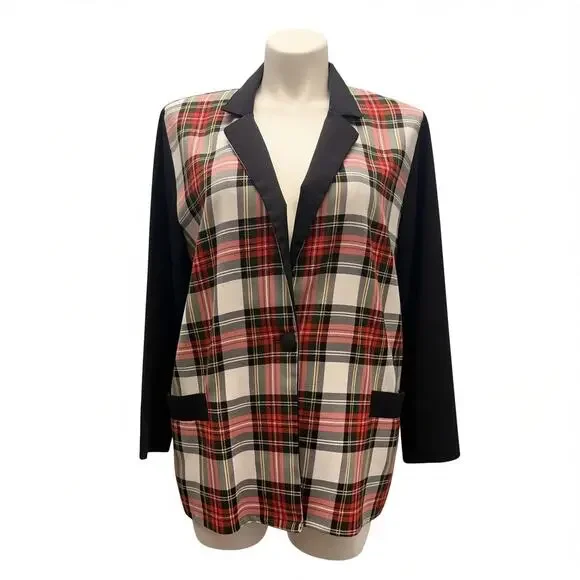 Vintage Christmas Plaid Blazer Tartan Holiday 90s Preppy Academia Jacket 16/18