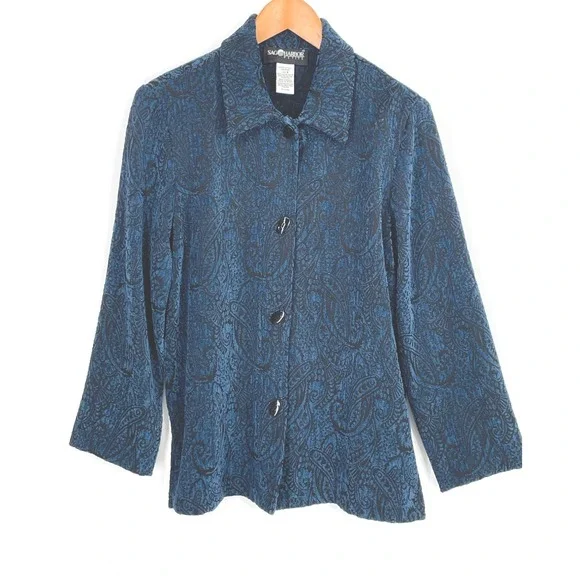 Sag Harbor Women 6P Jacket Blue Black Paisley Whimsigoth Button Front Chenille
