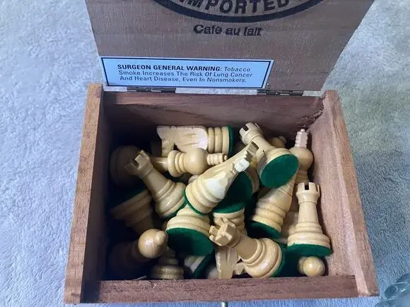 Imported Cafe au Lait Wooden Cigar Box w/ Vintage Chess Pieces