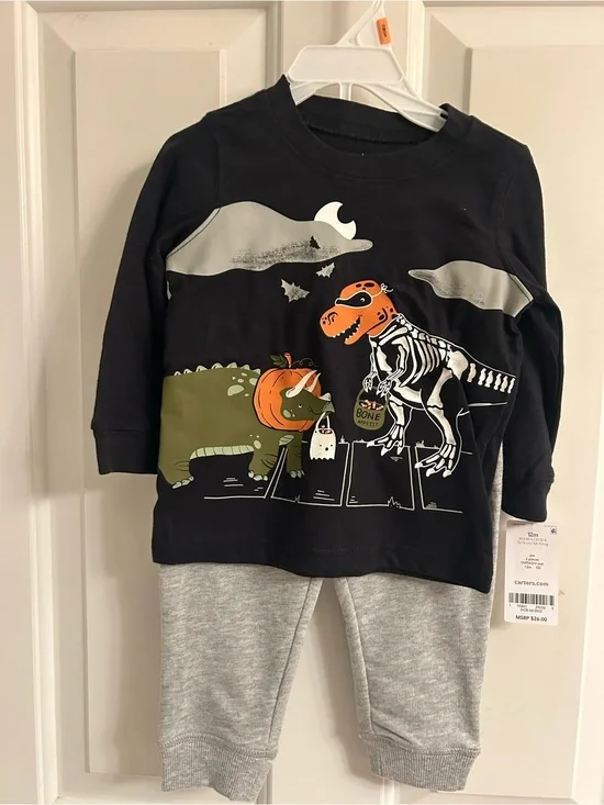 NWT-Carter's Black Halloween Dino Long Sleeve Tee With Gray Sweatpants