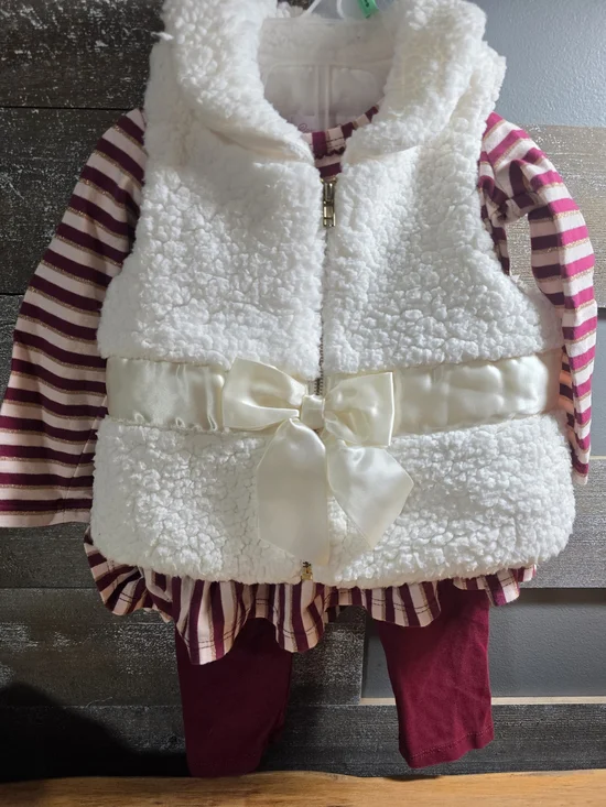 Bonnie Baby White Sherpa Vest with Satin Bow and Berry Striped Top Set