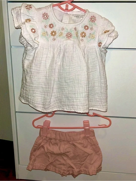 Primark White Top with Pink Embroidered Flowers and Pink Shorts Set