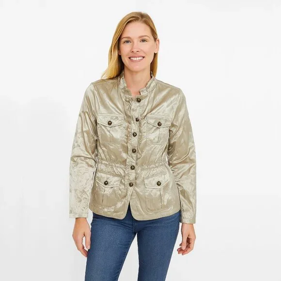 2/$30 Chico's Light Satin Cargo Jacket Pearl Button Metallic Champagne 12 #1567