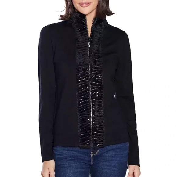 Belldini Black Label Women’s Faux Fur Trim Rhinestone-Zip Cardigan Sweater