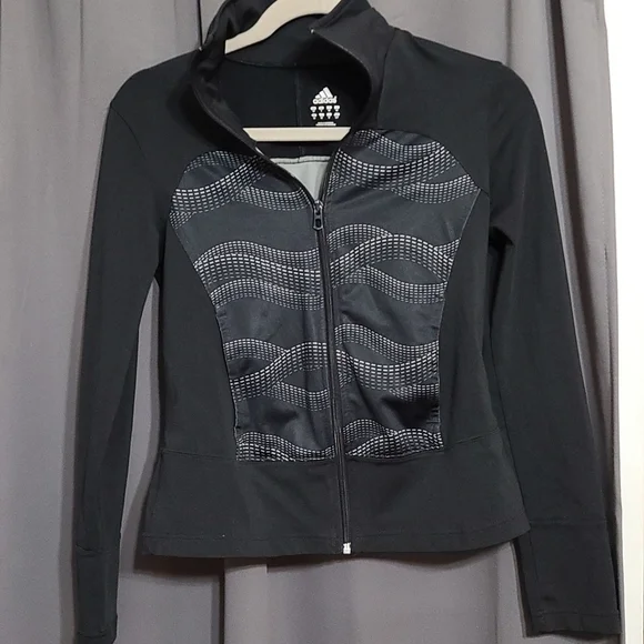 Adidas‎ Womens Athletic Jacket Zip Up Black Silver Pockets Size S EUC