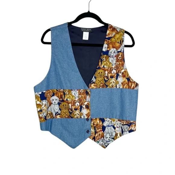Vintage Patchwork Dogs and Puppies Whimsical Denim Panel Vest size Large