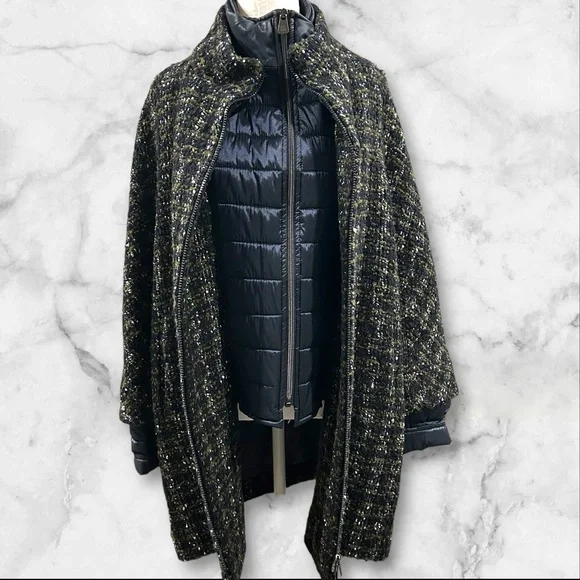 Cinzia Rocca Wool Silk Blend Tweed Coat w/‎ Quilted Blue Puffer Trim Size 8