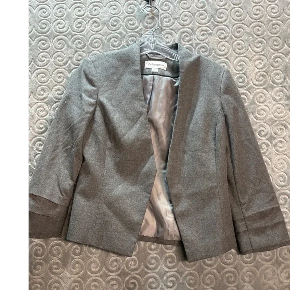 Calvin Klein Blazer Jacket Gray 3/4 Sleeve Open Front Professional‎ Career