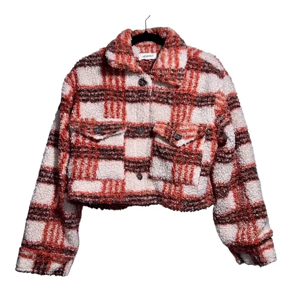 VEVERET‎ Women's Brown Orange Boucle Plaid Cropped Button-Up Teddy Jacket Large