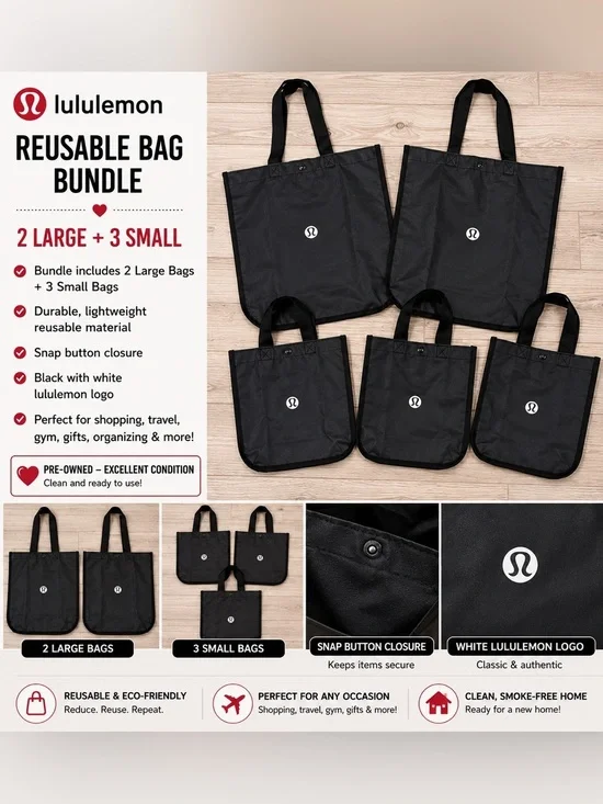 Lululemon Reusable Shopping Tote Bag Bundle | 2 Large + 3 Small | Black