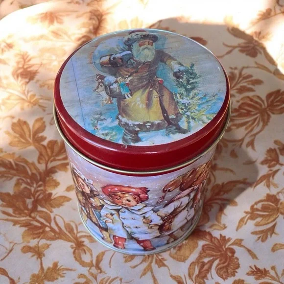 Vintage Victorian Christmas Tin Canister Round Old World Santa Claus & Children