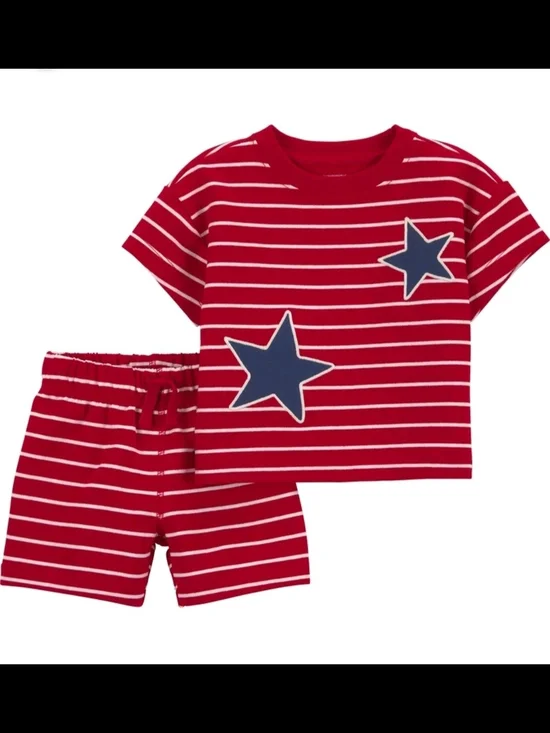 Carter's Red & Navy Star Stripe Short Pajama Set - Size (0-3) Month