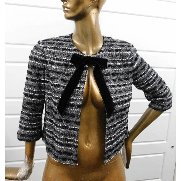 St John Black Gray White Silver‎ Tweed Knit Jacket sz 8