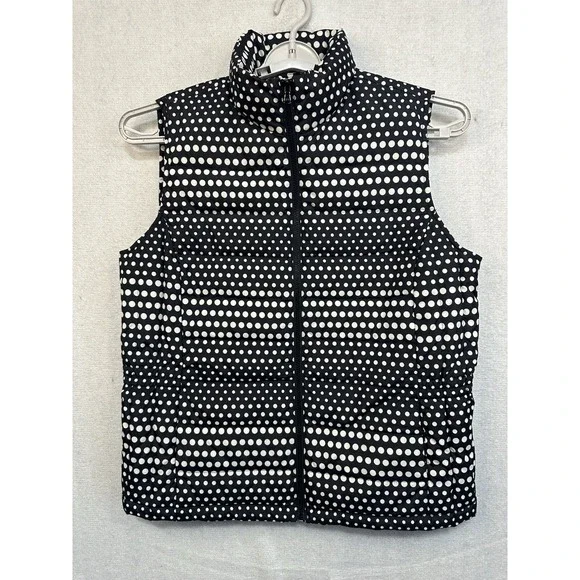 Talbots Women's Down‎ Puffer Quilted Vest Black & White Polka Dot Large Full Zip
