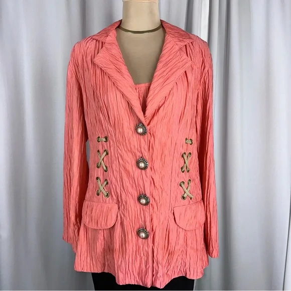 Vintage Sue Blue Tank And Jacket 2 Piece Set Sz‎ XL? Coral Crinkle USA Made READ