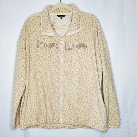 Bebe Animal Print Full Zip Fleece Jacket Size 1X Spell Out Long Sleeve Cozy Soft