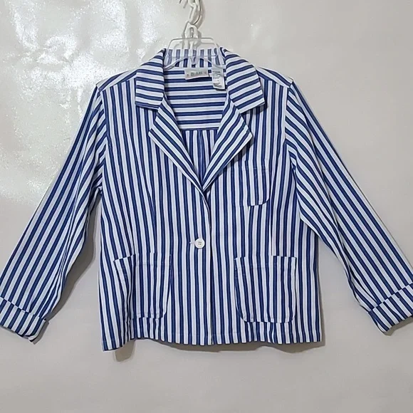 Bill‎ Blass Navy and White Striped 100% Cotton Blazer Jacket - Size Large
