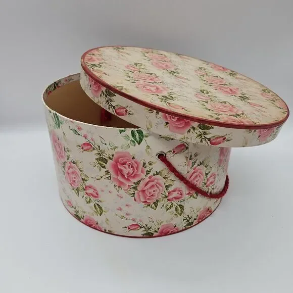 Vintage PINK FLORAL HATBOX w/CORD HANDLE Wallpaper Shabby Chic