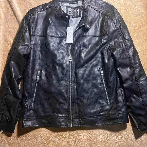 NWT Guess Women XL LS‎ Beau Perforated Jet Black Full Zip Faux Leather Jacket