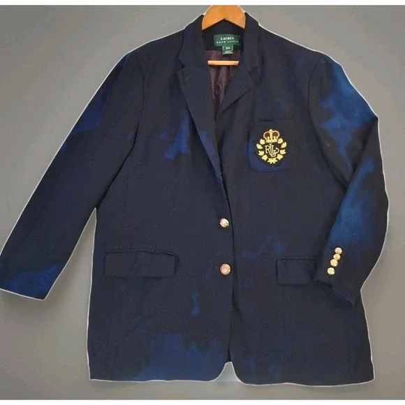Lauren Ralph Lauren Blazer Womens 18W Navy‎ Wool Crest Gold Buttons Tie Dye USA