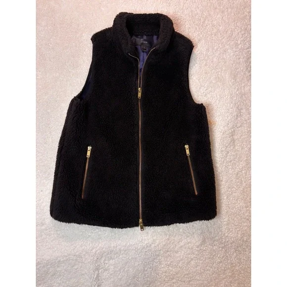 J. Crew Black Sherpa Fleece Vest Zip Front Pockets XS‎