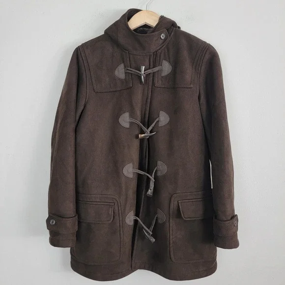 Chaps est 1978 Duffle Coat Womens Small Brown Faux Fur Suede Hooded Long‎ Sleeve