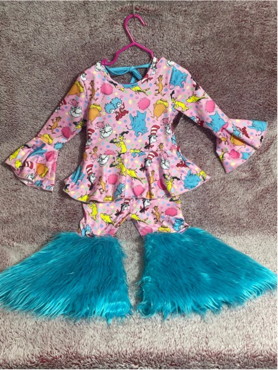 Little Britches Dr. Seuss Character Ruffle Peplum top & Furry Bell Bottom Set 2T