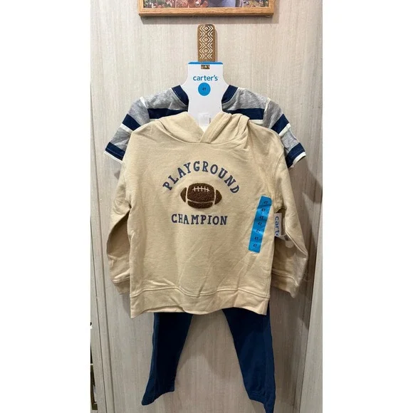 Carters Boys 4T 3 Piece Set Football Hoodie Striped Tee Blue Joggers NEW