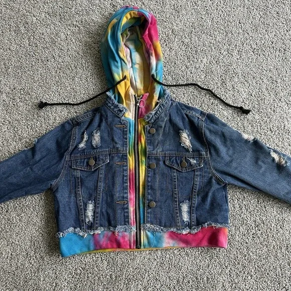 American Bazi Hooded‎ Denim women Jacket With Tie-Dye Trim cropped distressed
