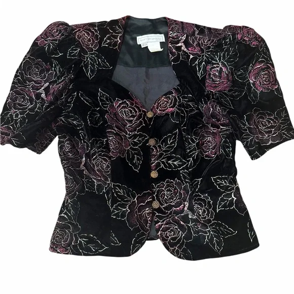 VINTAGE SCOTT MCCLINTOCK Floral Velvet Button Puff Sleeve‎ Top 90s  size 12