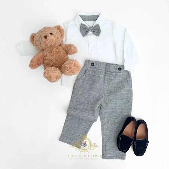NWT Handsome Boys Oxford Shirt Bow Tie Pants & Suspenders Matching Set 3T