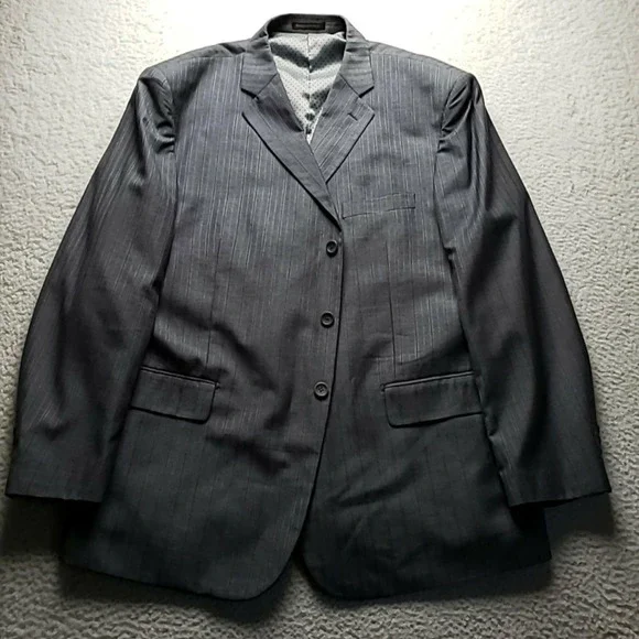 Vinci Suit Jacket Blazer Mens 52R Gray Pinstripe Polyester Rayon 3 Button Lined