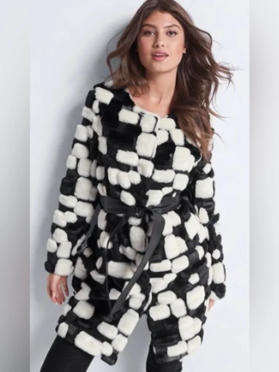 Indigo Moon Black and White Patchwork Faux Fur Coat w/tie belt and snap closures