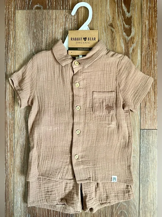 Rabbit + Bear Organic Cotton Linen Button Down Shirt & Short Set Size 2T