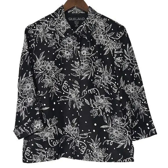 Silkland Pure Silk Floral Print Black & White Jacket / Blazer Size 6
