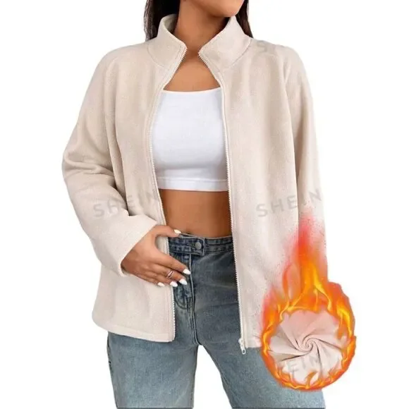 SHEIN EZwear Solid Cream Color Long Sleeve Stand Collar Full Zip Fleece Jacket S