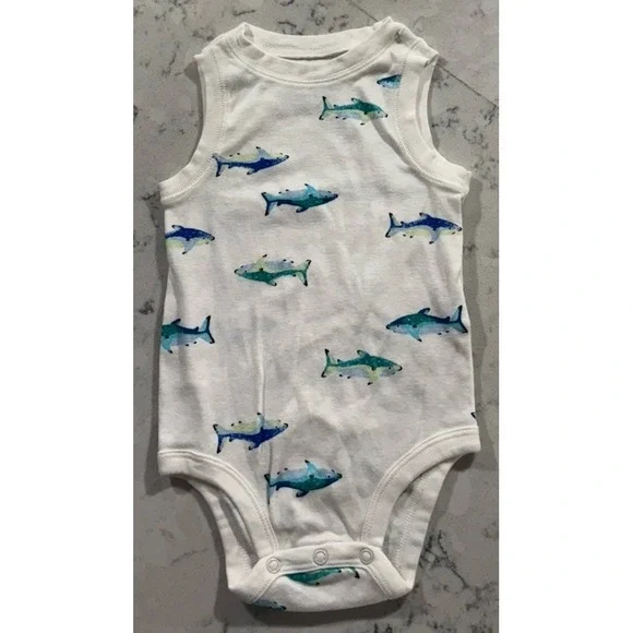 Carter's Baby Boy Shark Print Sleeveless Bodysuit White 18 Months 100% Cotton
